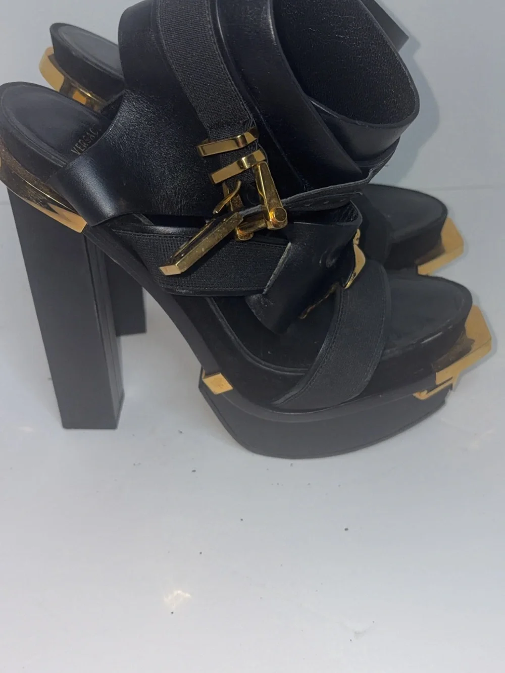 Versace Black Platform Heels with Gold Medusa Plaques